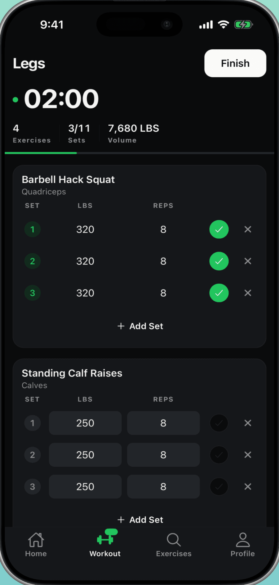 A DOYAK workout in progress: a Legs session at 2 minutes with barbell hack squat sets logged at 320 lbs for 8 reps.